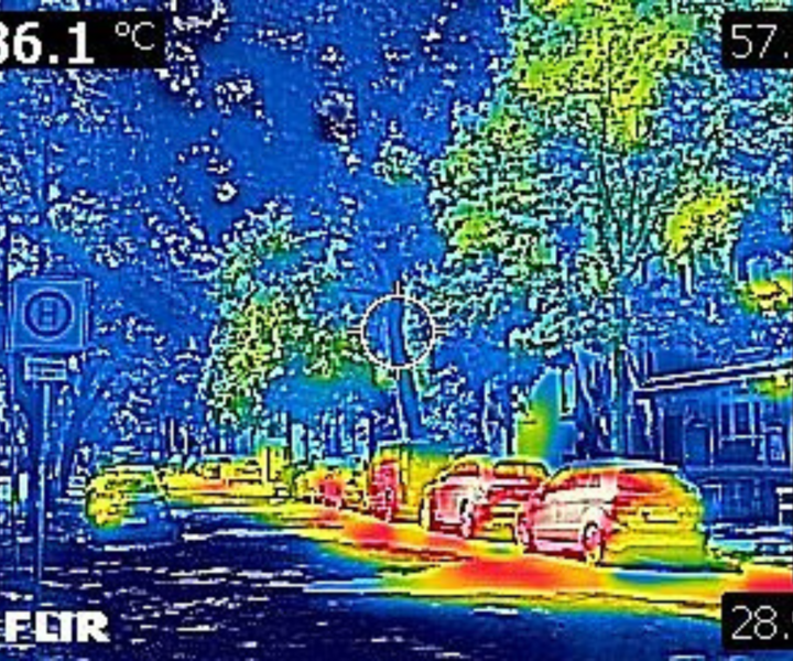 Aufnahme einer Waermebildkamera. Links auf dem Bild sind Bäume, rechts parkende Autos zu sehen