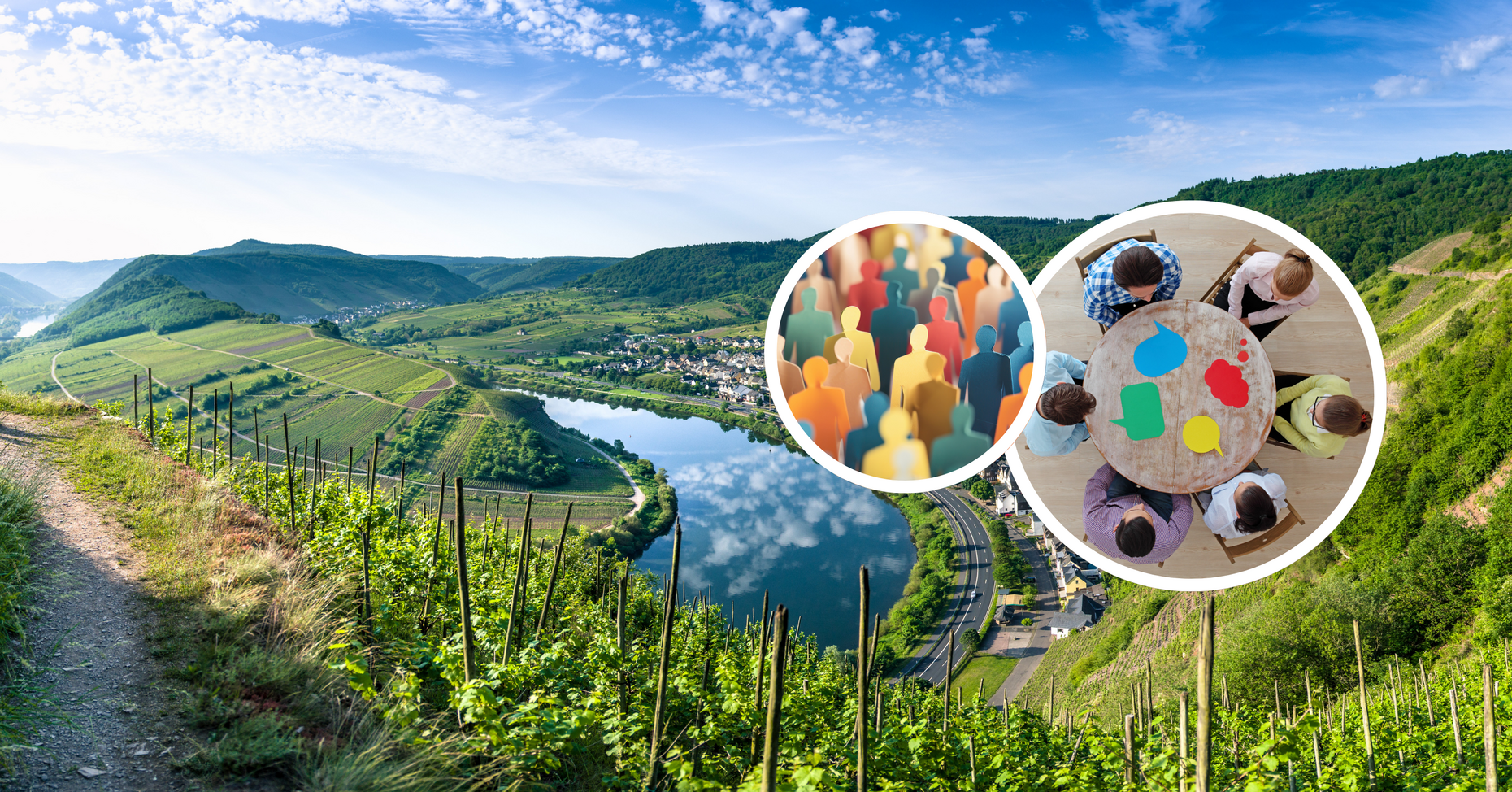 Landschaftsbild von der Mosel in Rheinland-Pfalz. Kleine Bilder zeigen sechs Menschen, die um einen runden Tisch sitze und diskutieren sowie ein illustriertes Bild mit einer Menschenmenge
