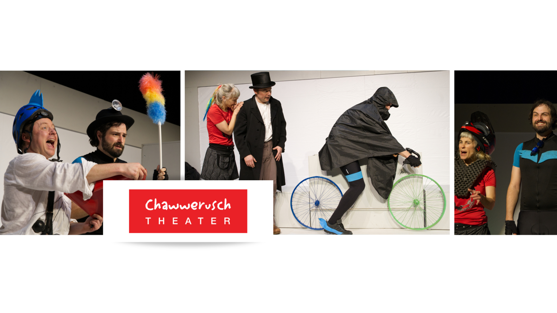 Logo "Chawwerusch Theater". Im Hintergrund ein Foto des Theaterstücks "Lauf Rad, lauf!".