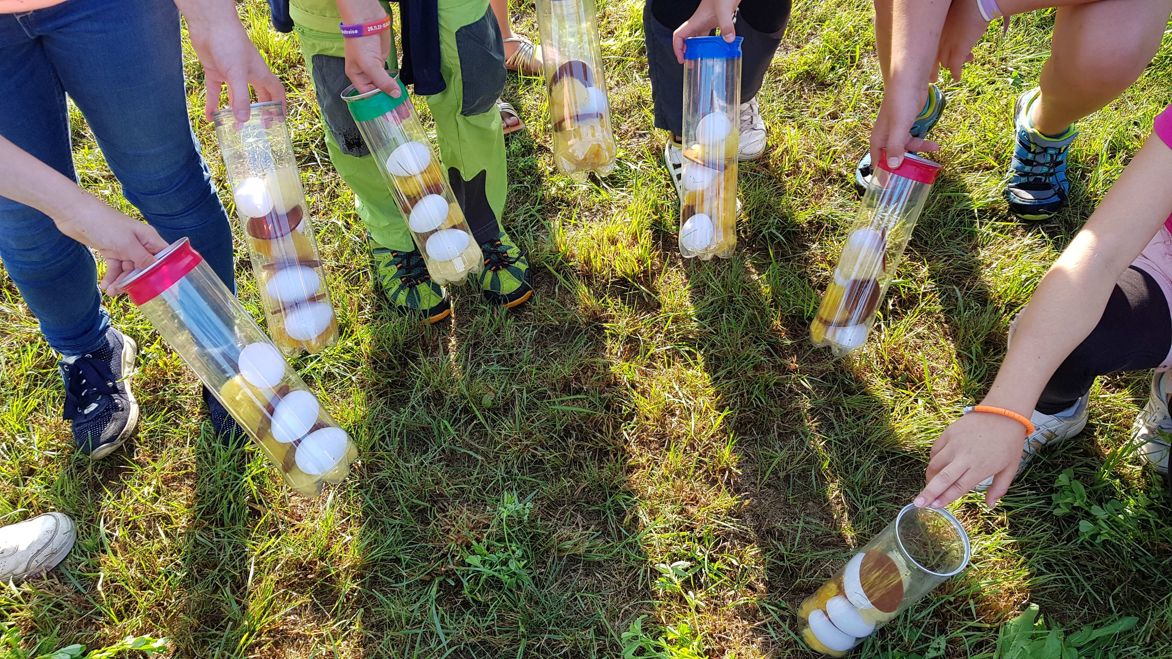 Kinder zeigen ein selbstgebautes Wildbienenspiel