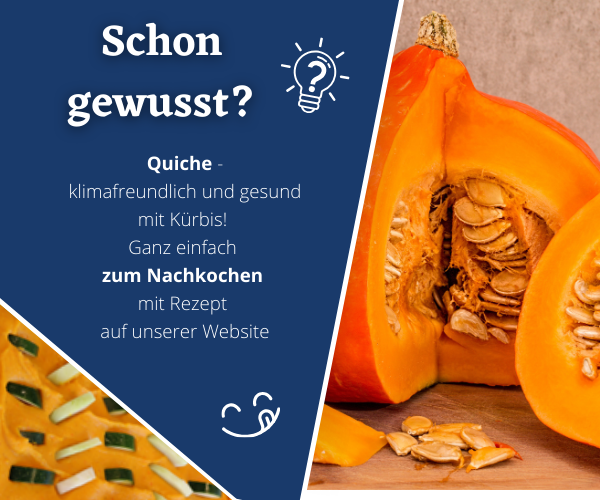 Kürbis in aufgeschnittener Form. Dazu ein Fakt, dass Quiche mit Kürbis hergestellt werden kann